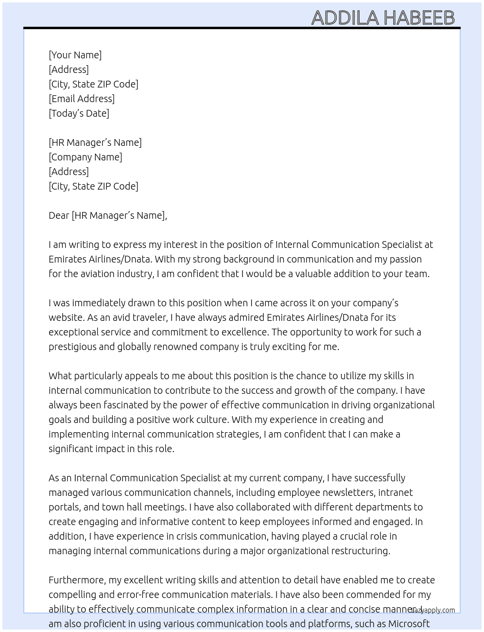 Internal Communication Specialist  At Emirates Airlines/Dnata Cover Letter
