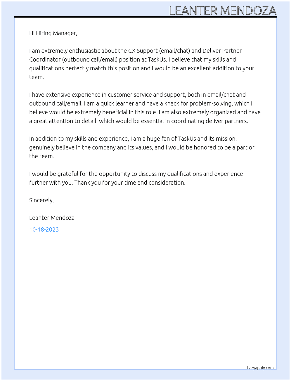 CX Support (email/chat), Deliver Partner Coordinator (outbound call/email) At TaskUs Cover Letter