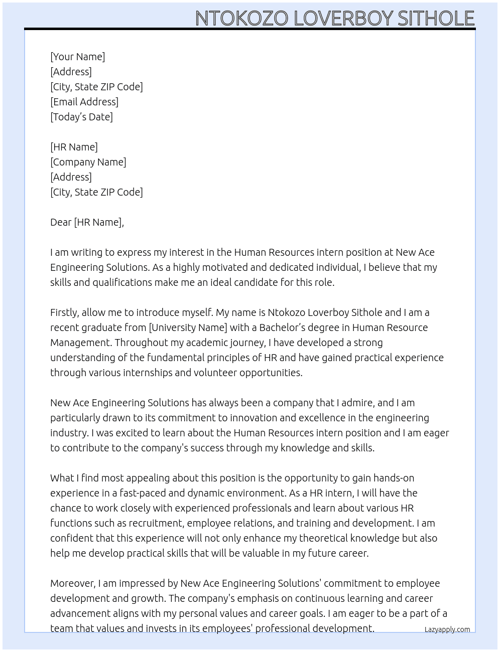 Human Resources intern At New Ace Engineering Solutions  Cover Letter