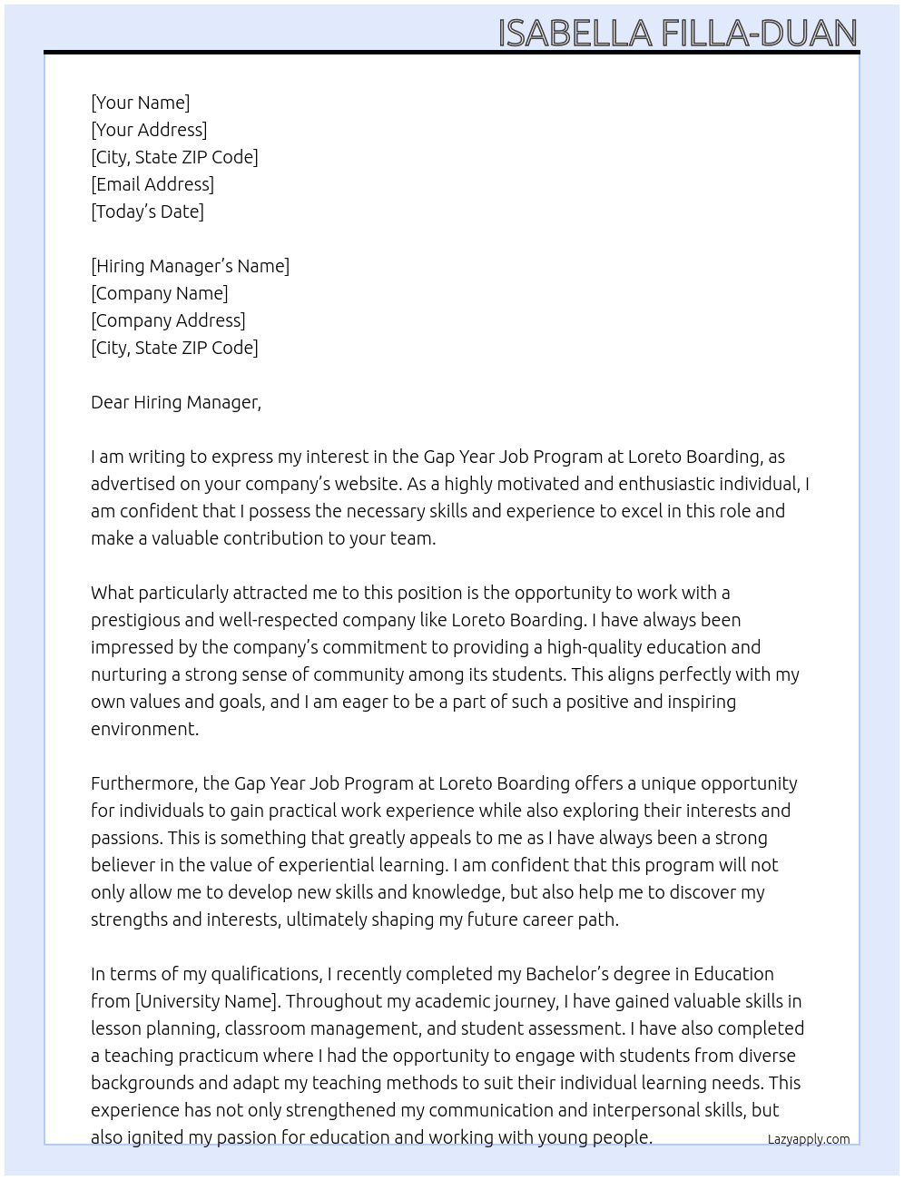 Gap Year Job Program At Loreto Boarding Cover Letter
