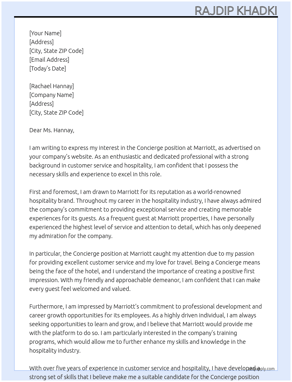 Concierge At Marriott Cover Letter