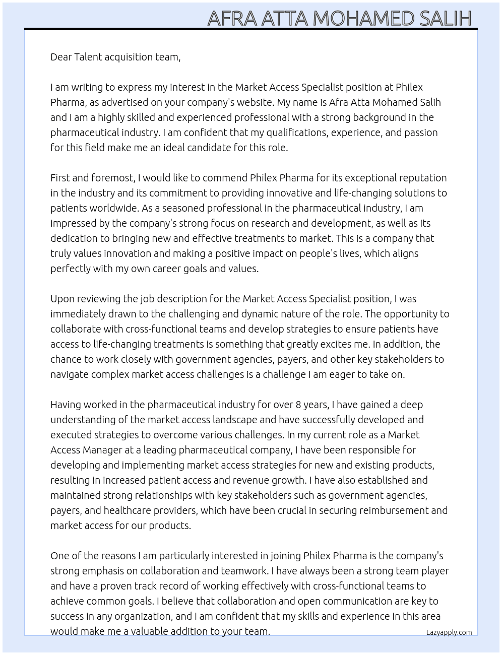 Market access Specialist  At Philex Pharma Cover Letter