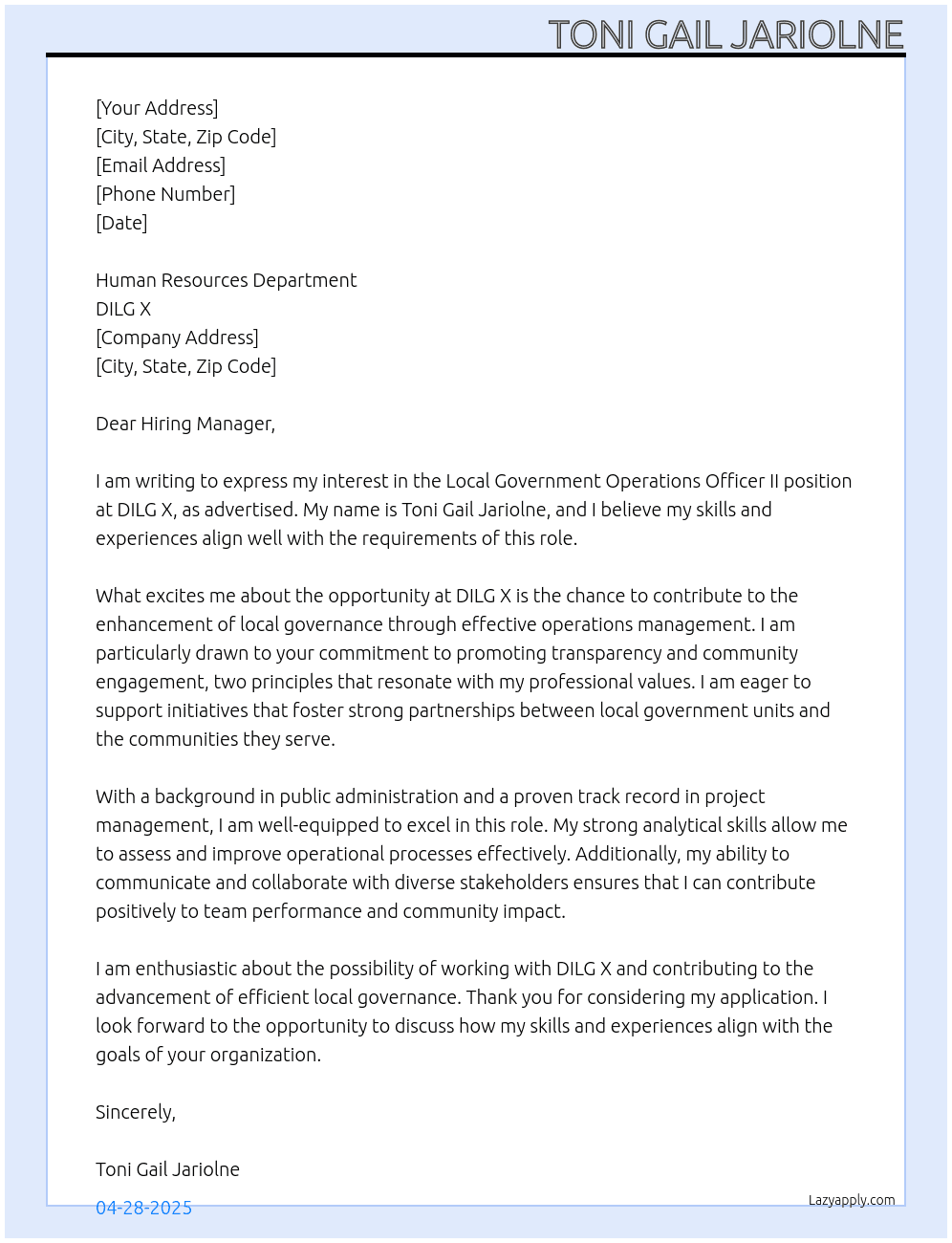 Local Government Operations Officer II At DILG X Cover Letter