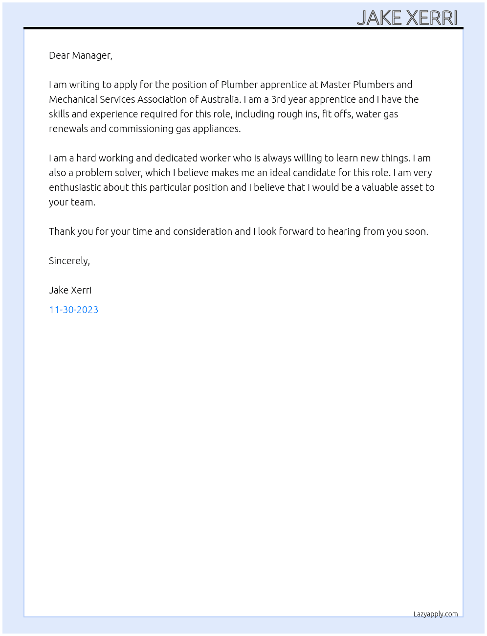 Plumber apprentice  At Master Plumbers and Mechanical Services Association of Australia Cover Letter