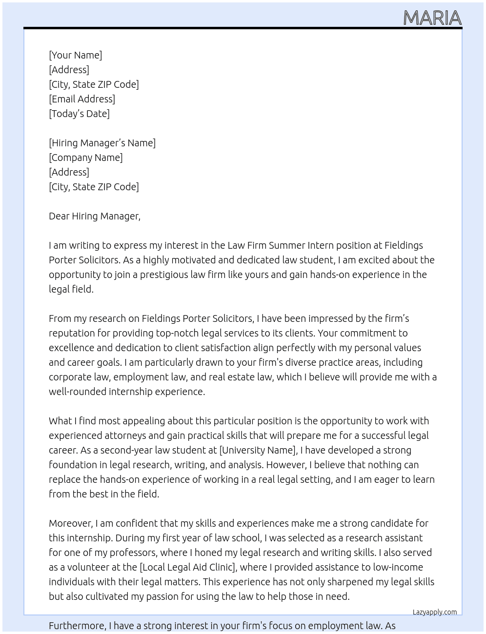 Law Firm Summer Intern At Fieldings Porter Solicitors Cover Letter