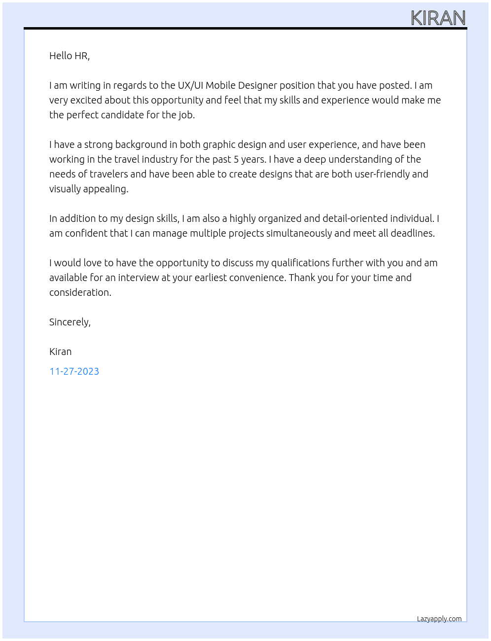 UX/UI Mobile Designer At travel industry Cover Letter