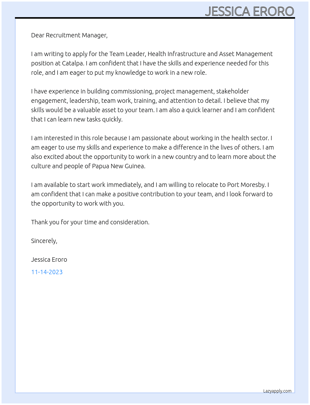 Team Leader, Health Infrastructure and Asset Management At Catalpa Cover Letter