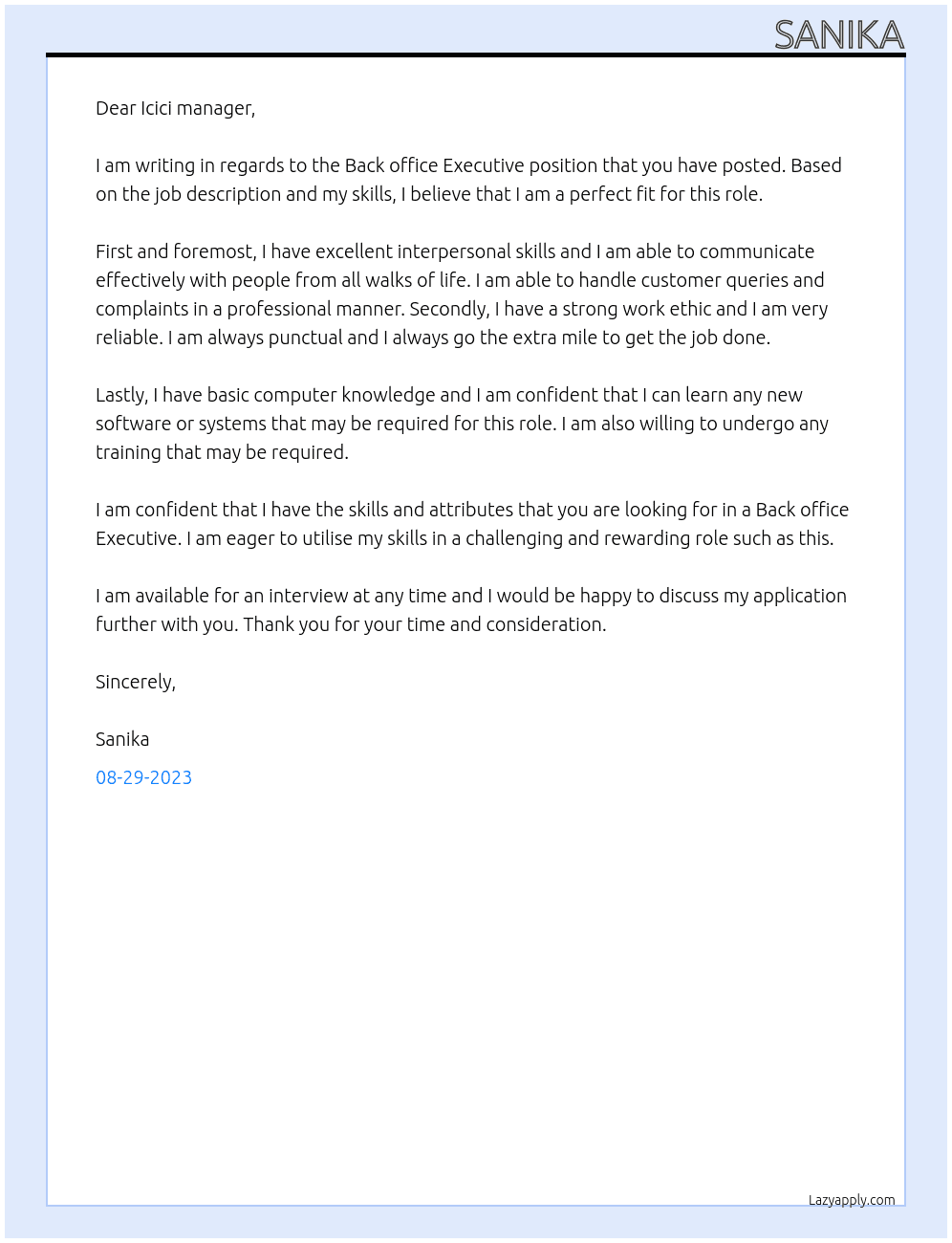 Back office Executive  At App Cover Letter