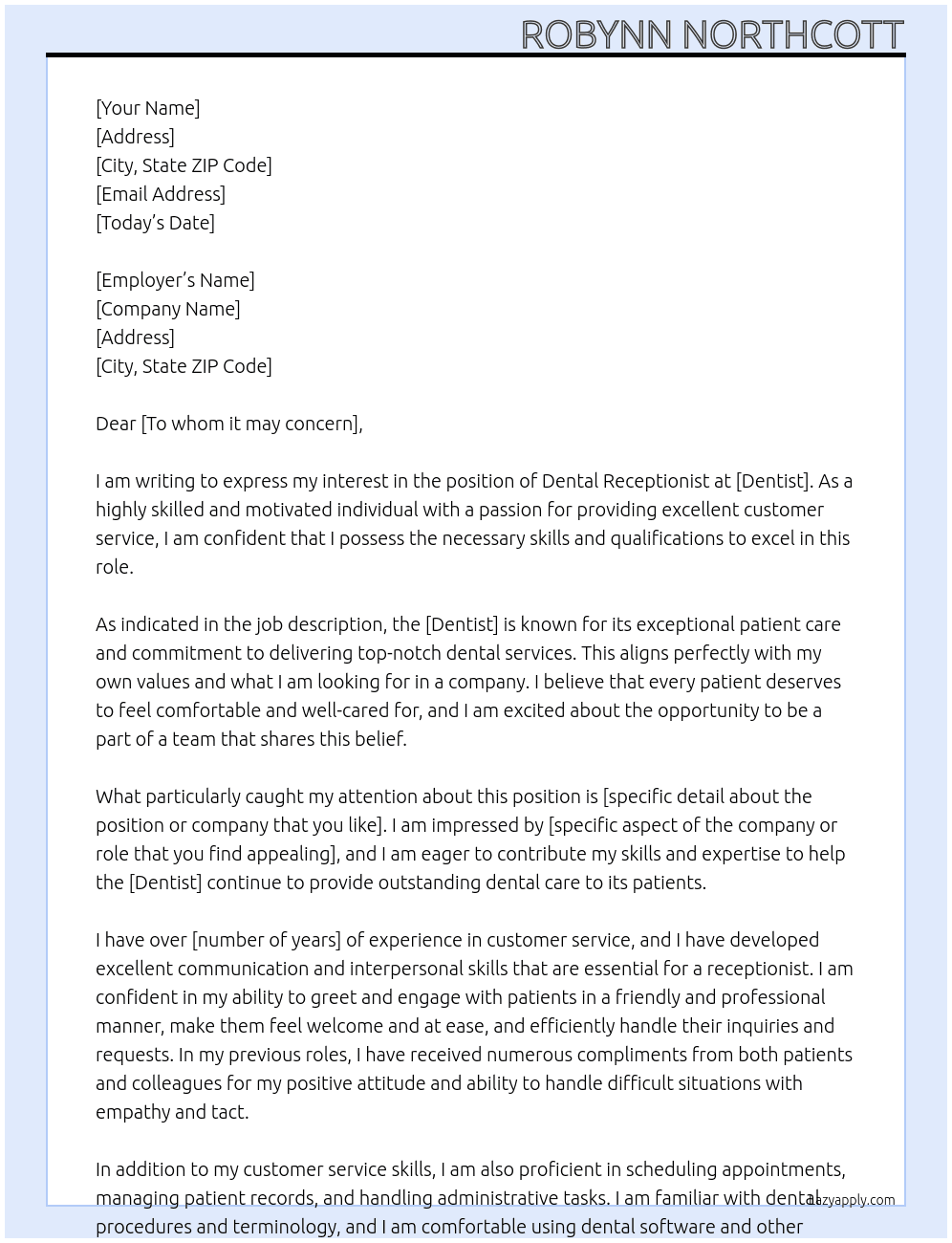 Dental receptionist  At Dentist  Cover Letter