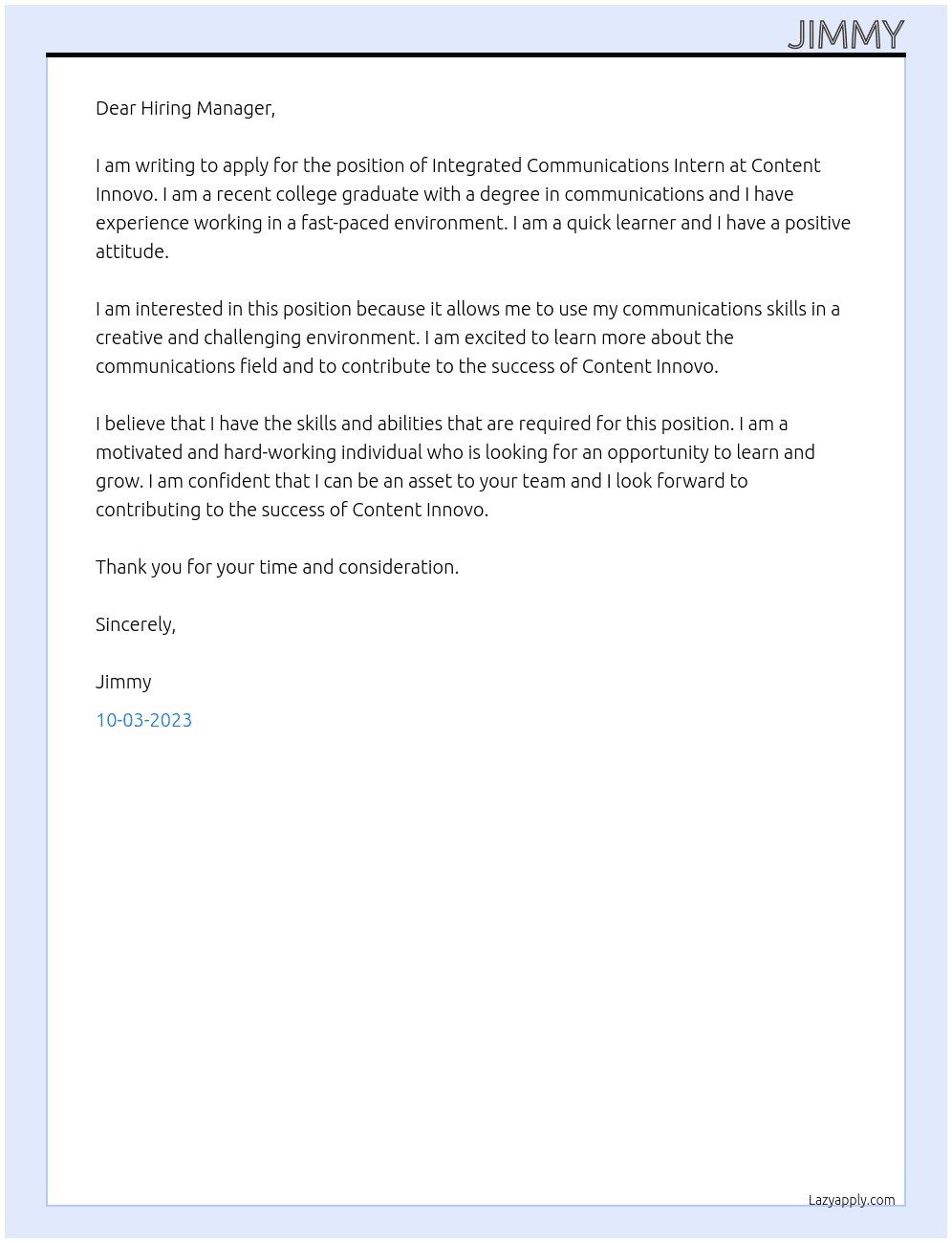 Integrated Communications Intern At Content Innovo Cover Letter