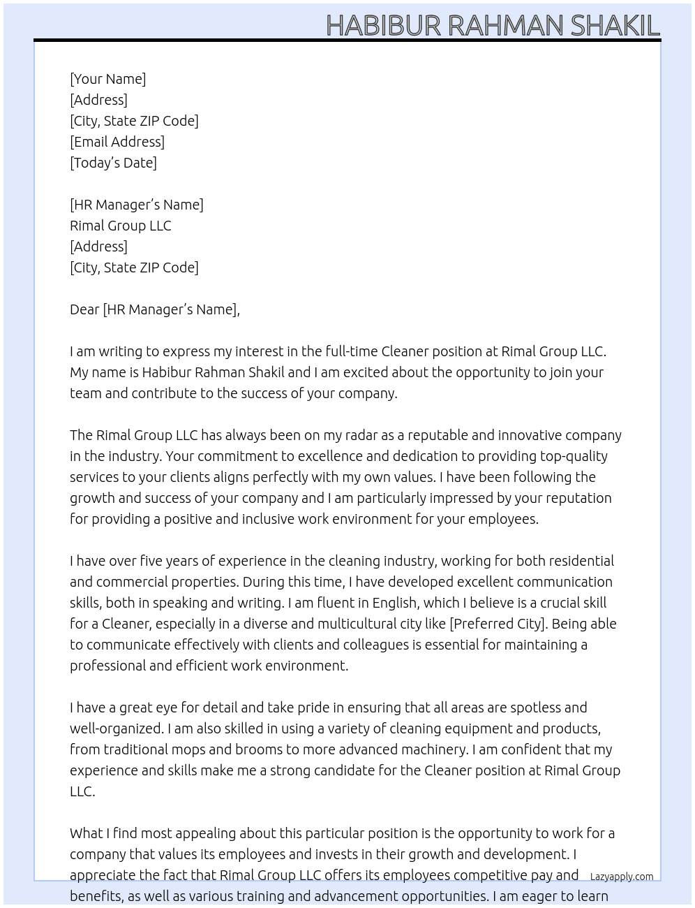  cleaner At Rimal Group LLC Cover Letter
