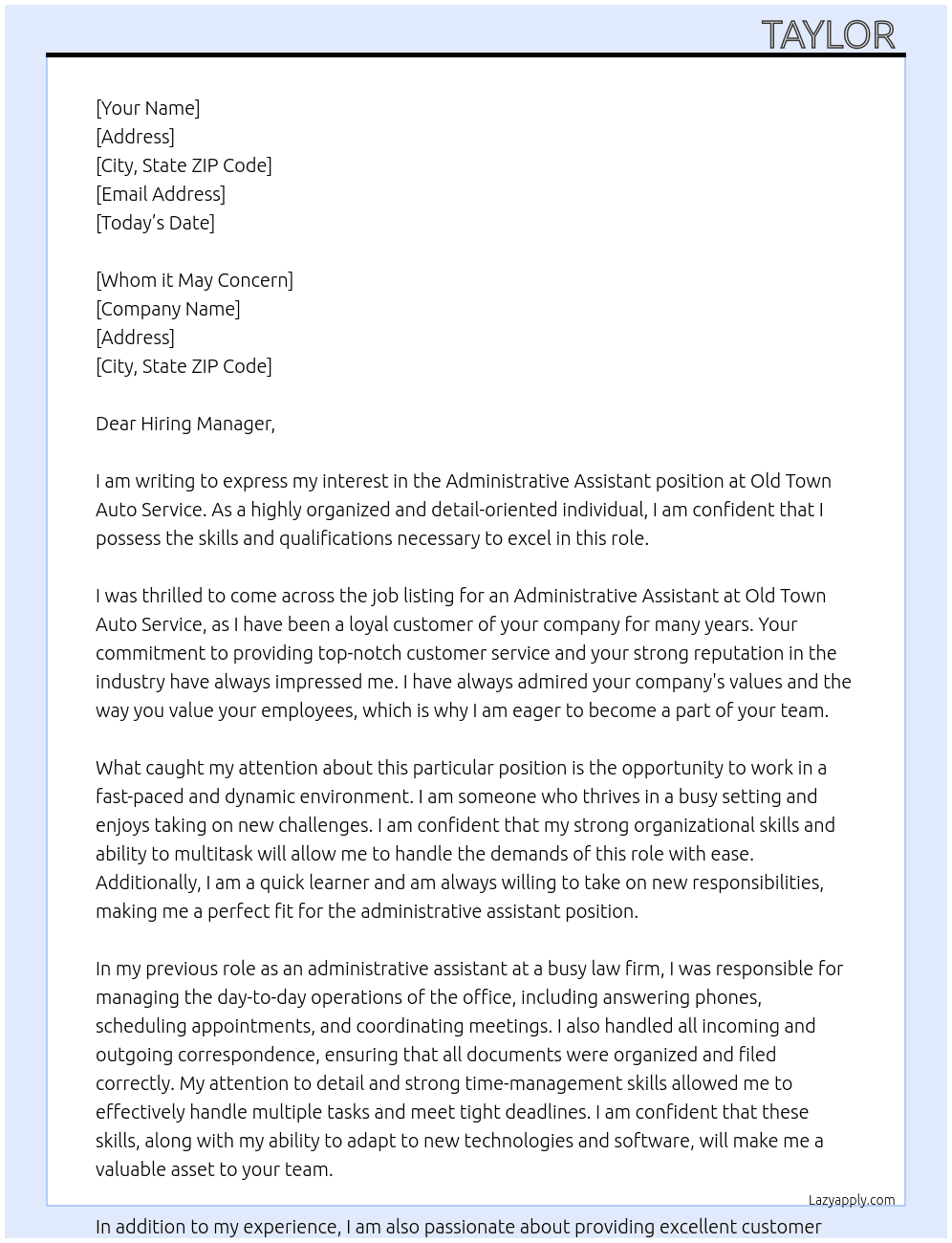 Administrative Assistant At Old Town Auto Service Cover Letter