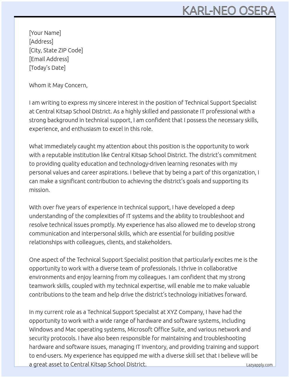 Technical Support Specialist At Central Kitsap School District Cover Letter