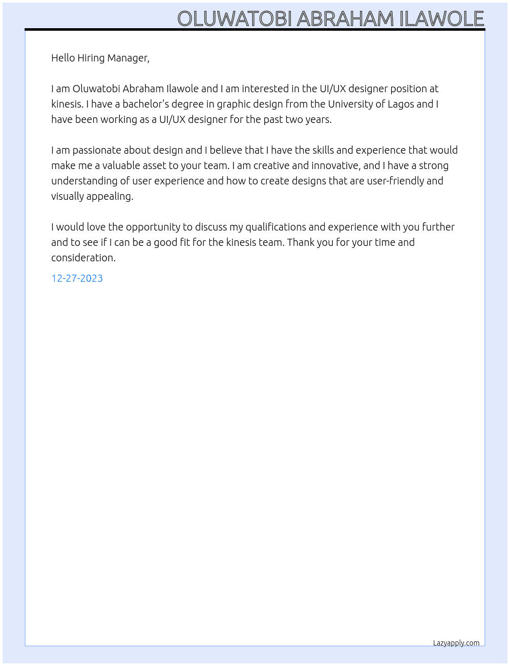 UI/UX designer At kinesis Cover Letter