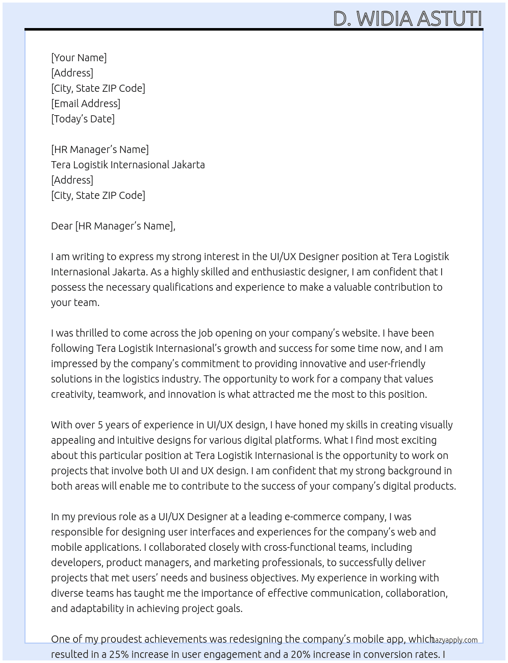 UI/UX Designer At Tera Logistik Internasional Jakarta Tera Logistik Internasional Cover Letter