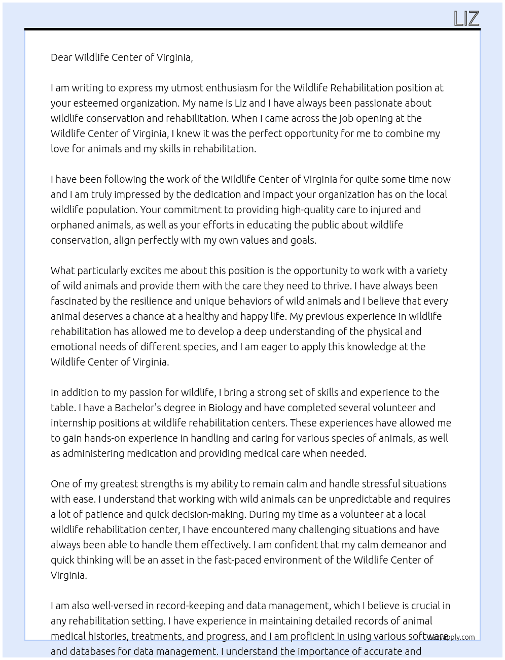 Wildlife Rehabilitation At Wildlife Center of Virginia Cover Letter
