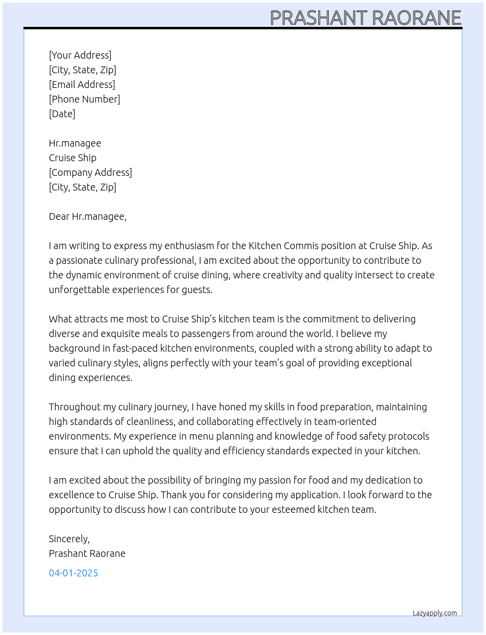 Kitchen commi  At Cruise ship  Cover Letter