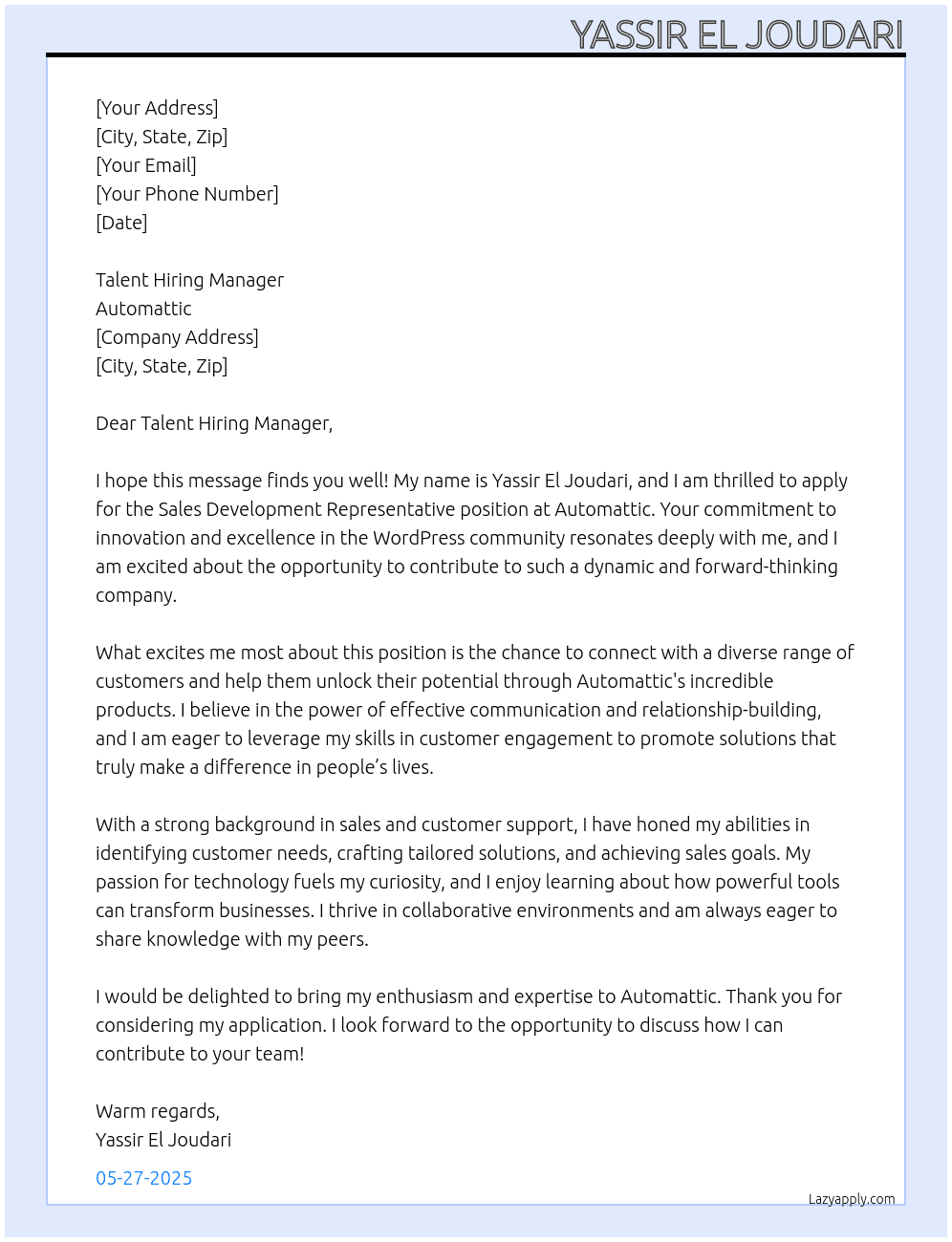 Sales Development Representative At Automattic Cover Letter