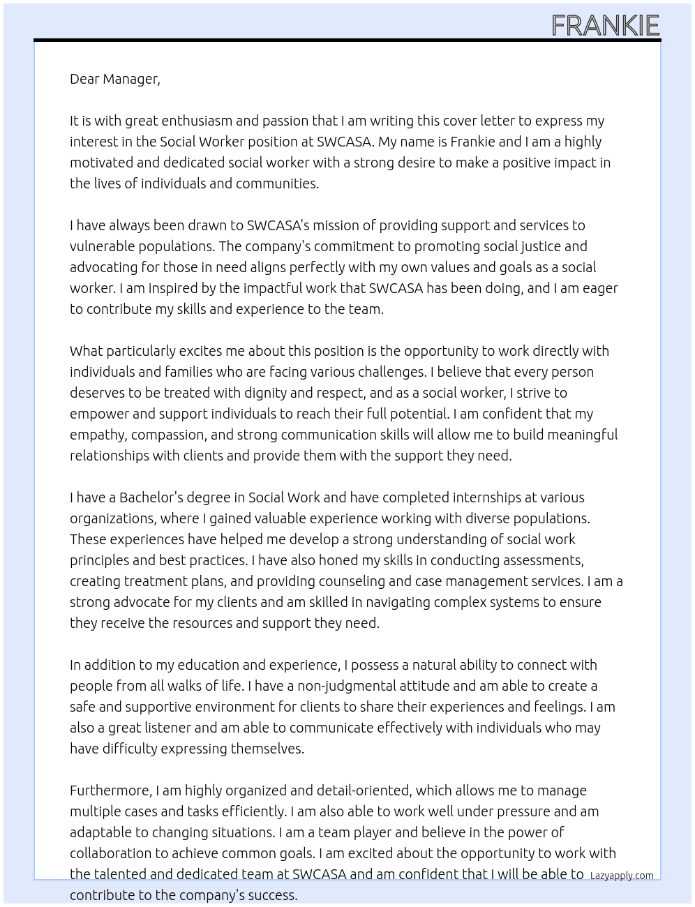 Social worker At SWCASA Cover Letter