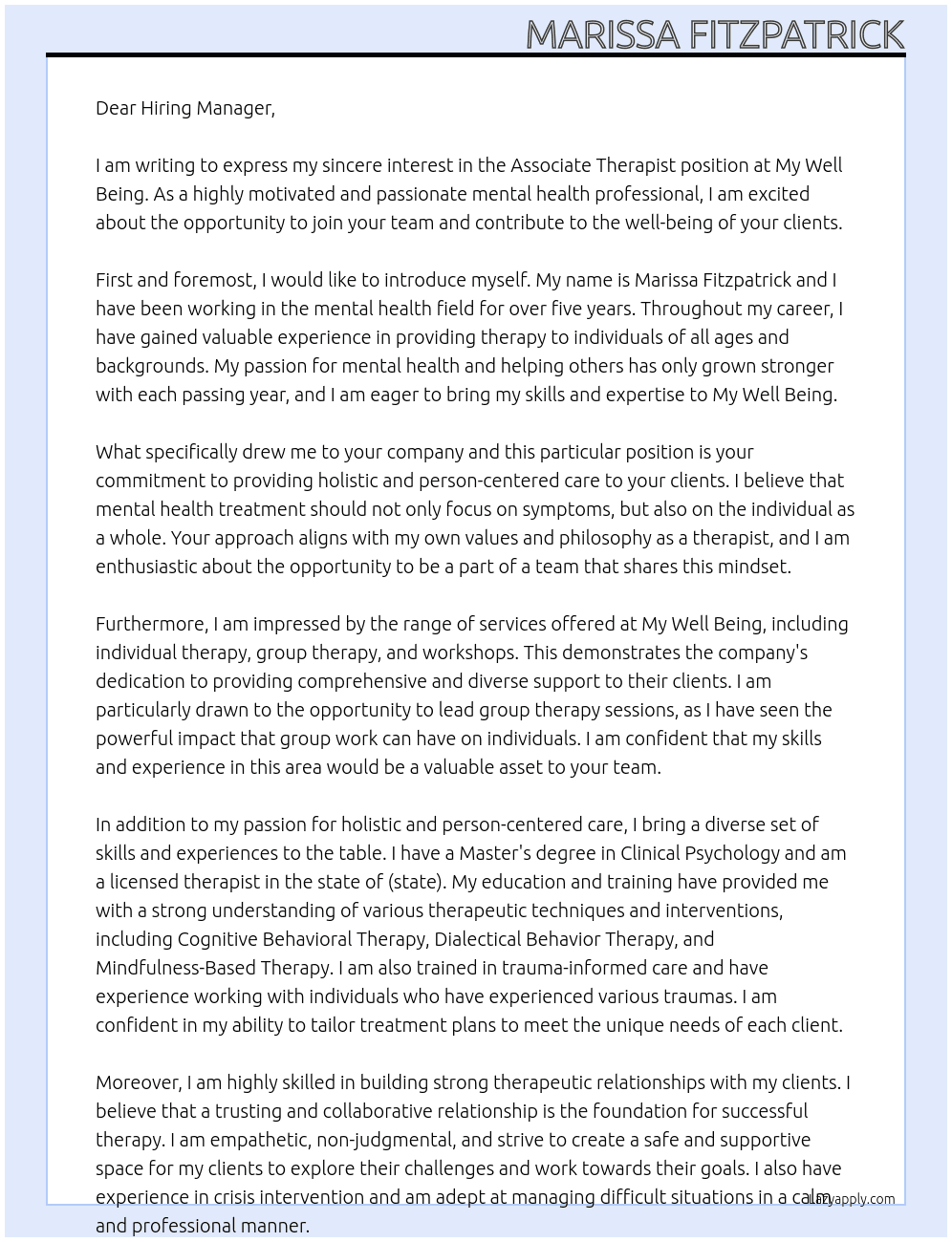 Associate Therapist At My Well Being Cover Letter