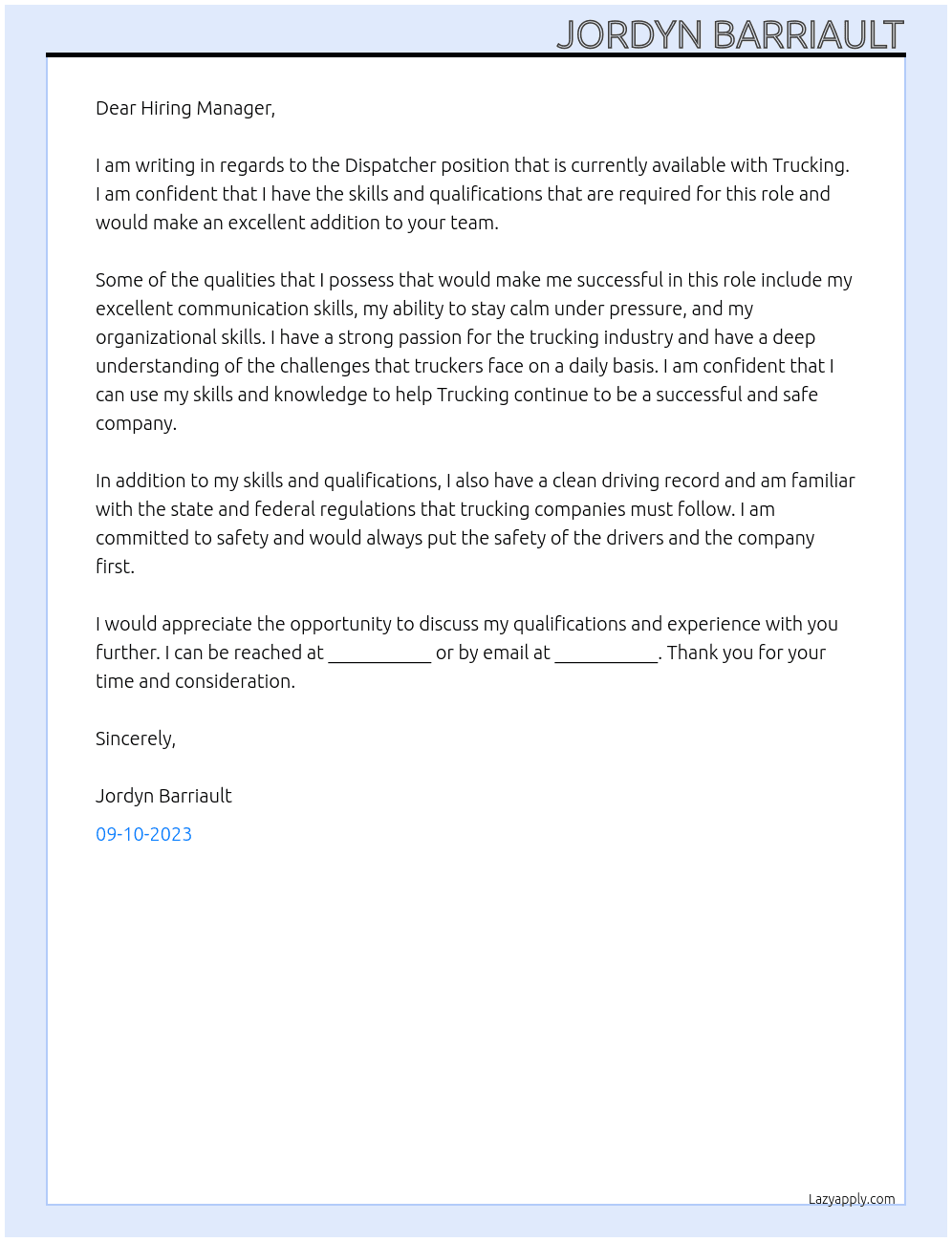 Dispatcher At Trucking Cover Letter
