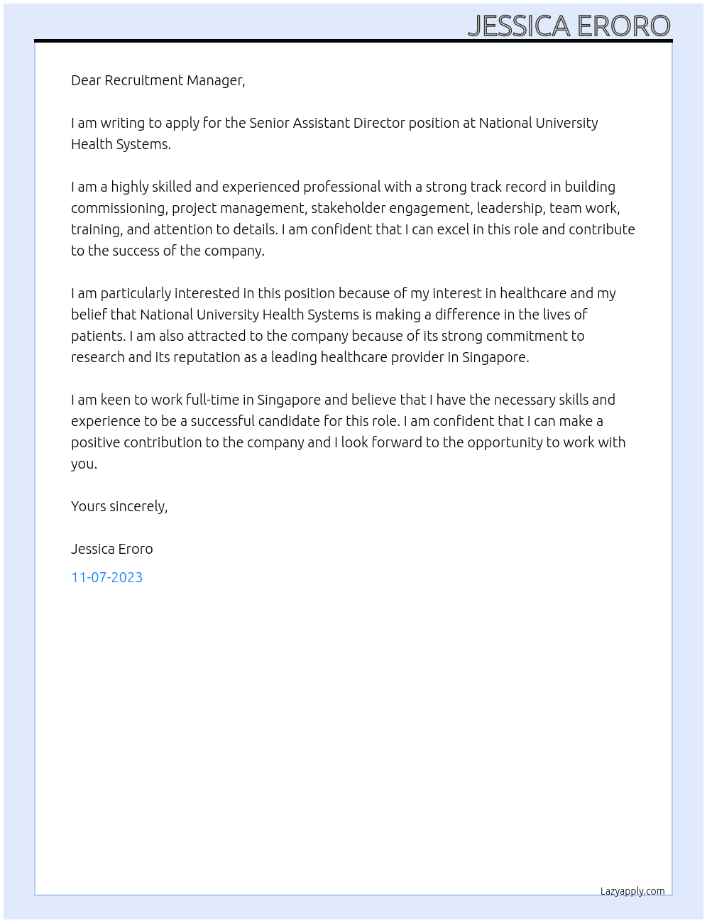 Senior Assistant Director At National University Health Systems Cover Letter