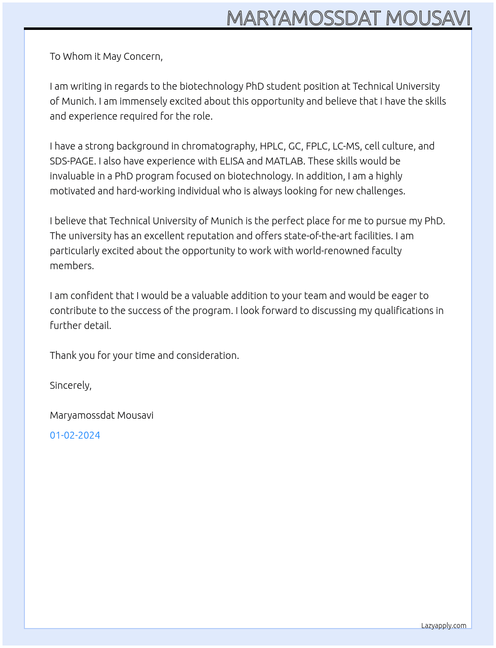 biotechnology phd student At Technical university of munich Cover Letter