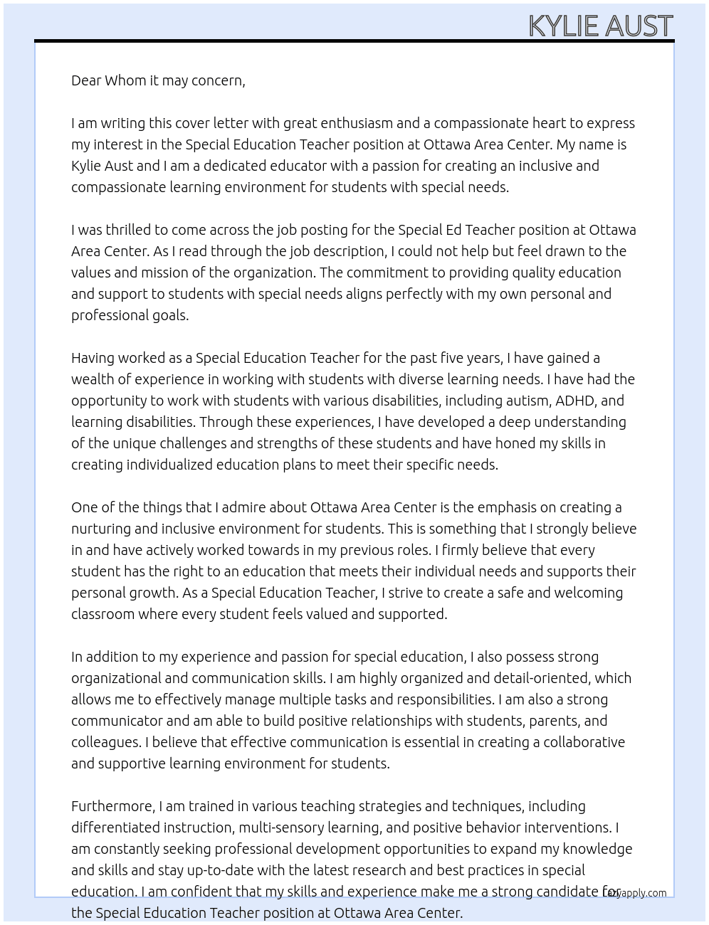Special Ed Teacher At Ottawa Area Center Cover Letter
