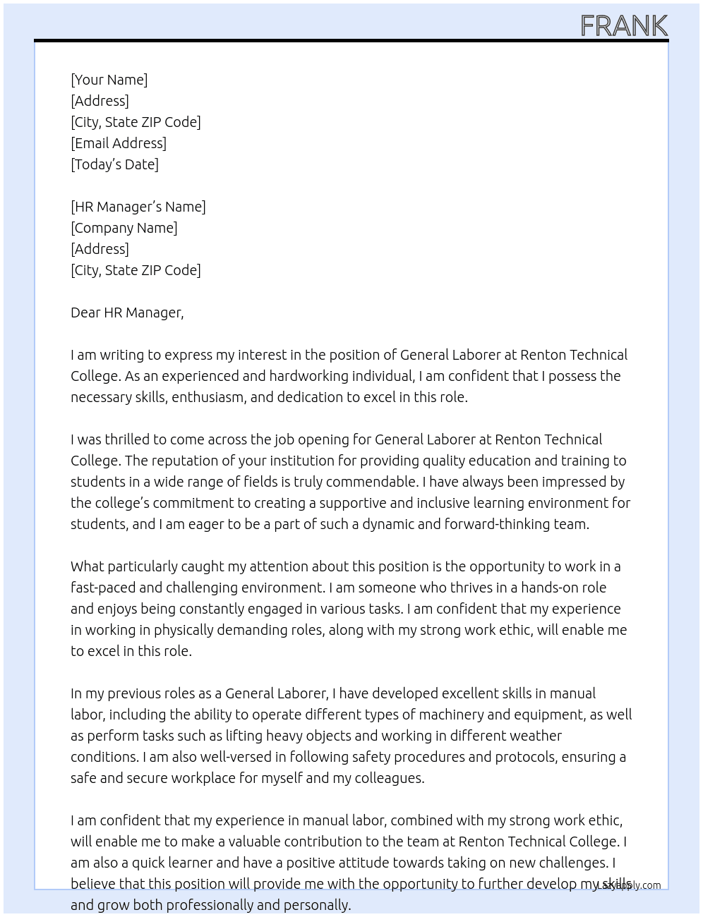General Laborer At Renton Technical College Cover Letter