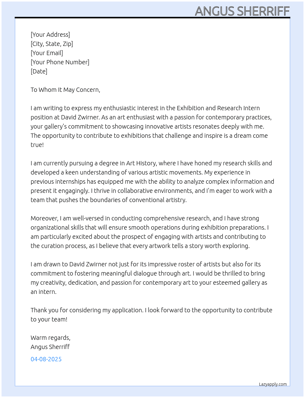 Exhibtion and Research intern At David Zwirner Cover Letter