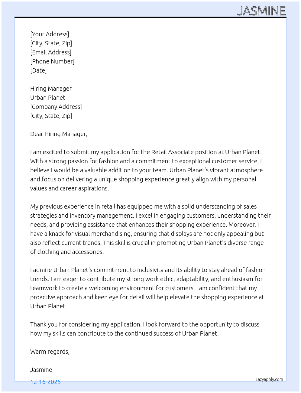 Retail Associates At Urban planet  Cover Letter