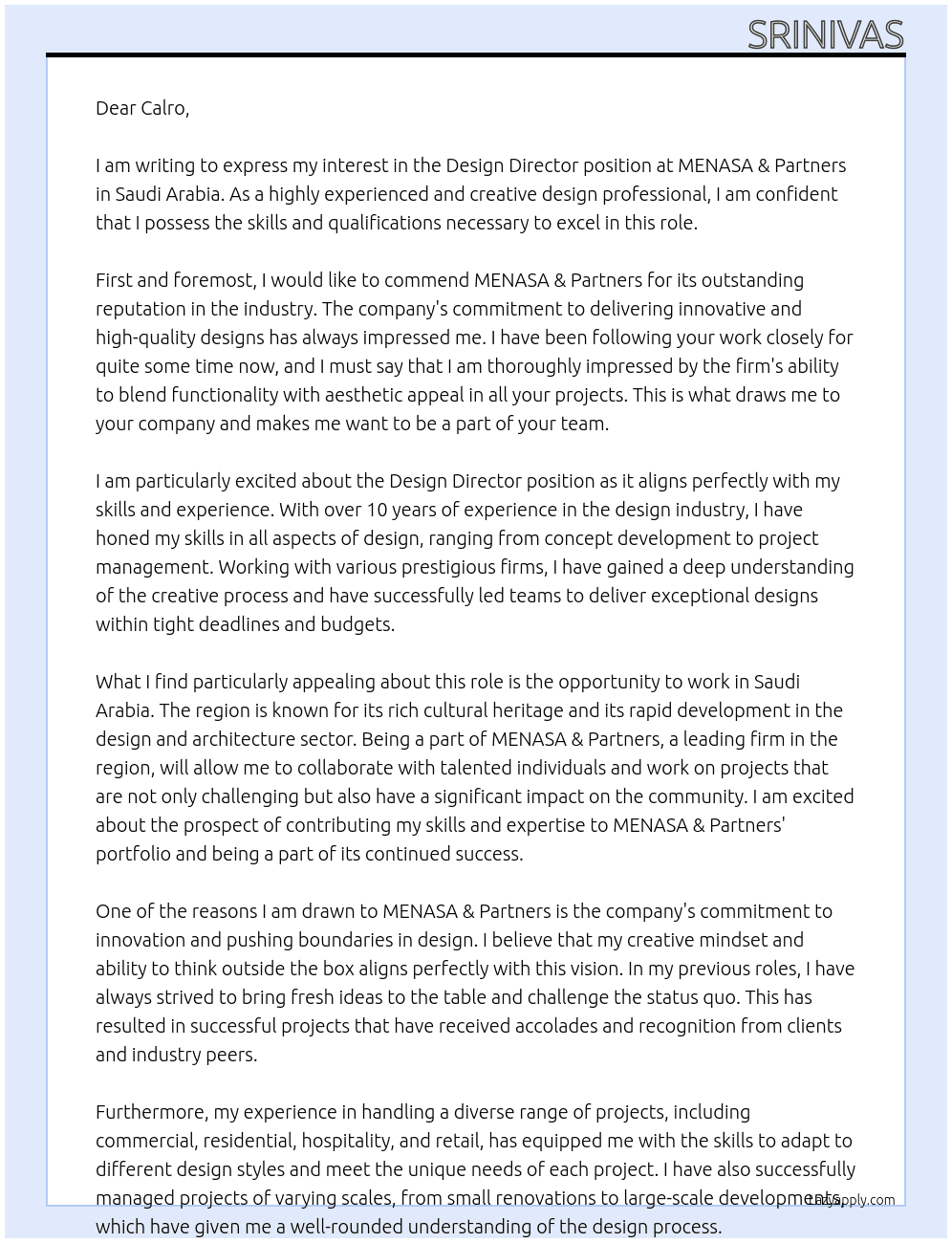 Design Directors – Saudi Arabia At menasa &partners Cover Letter