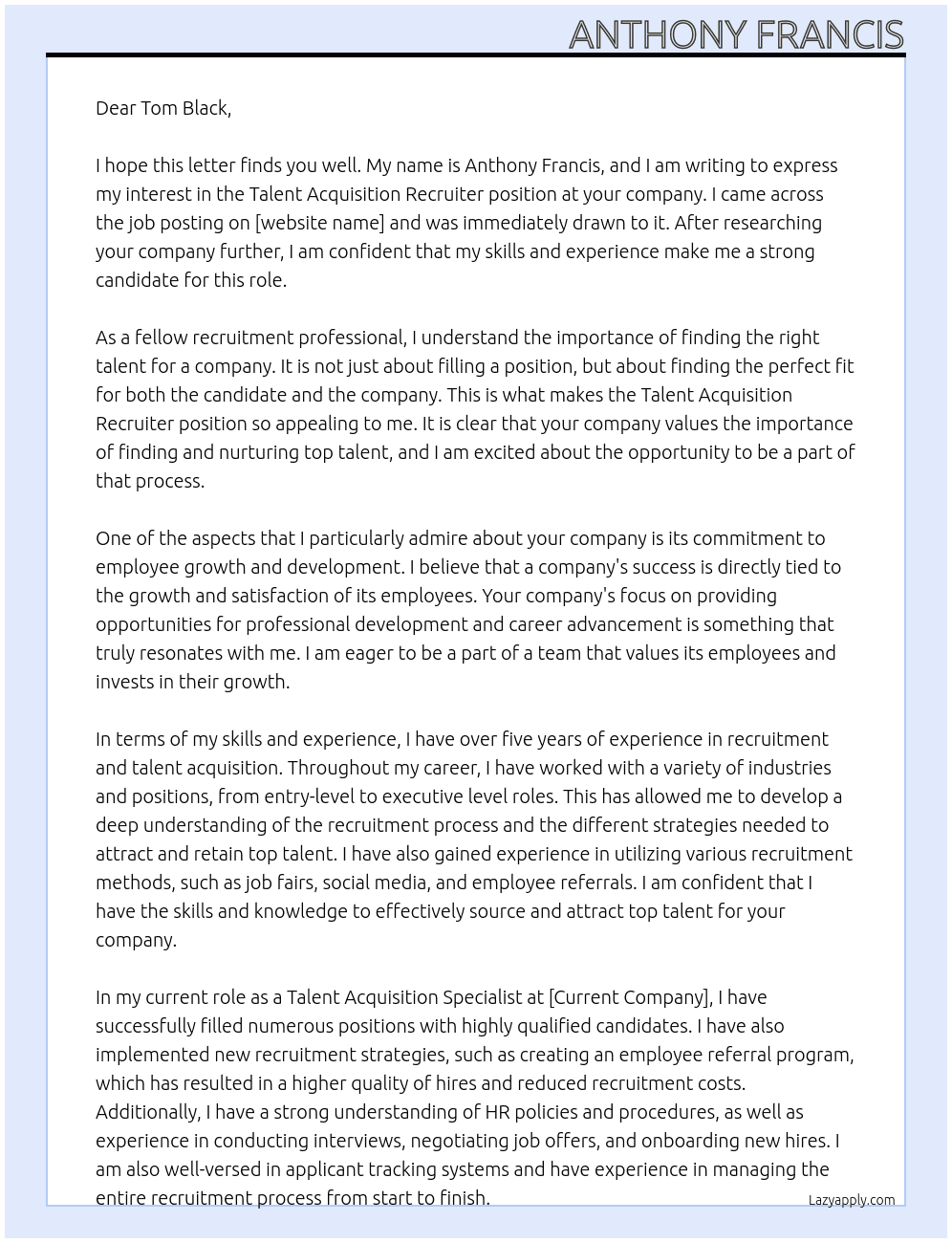 Talent Acquisition Recruiter At not known  Cover Letter