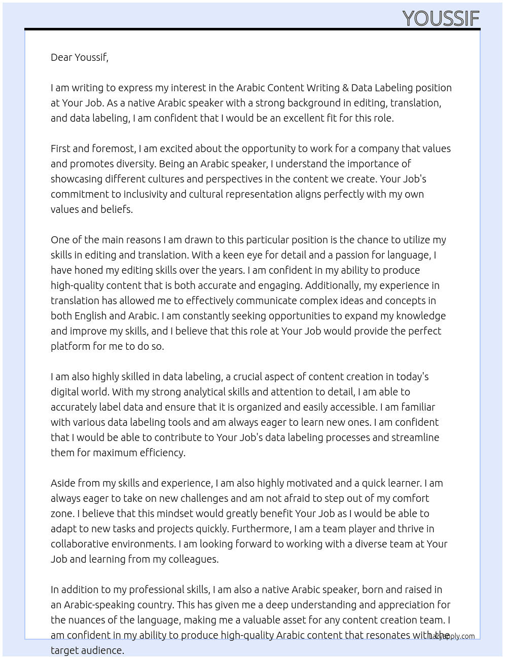 Arabic Content Writing & Data Labeling At Your job Cover Letter
