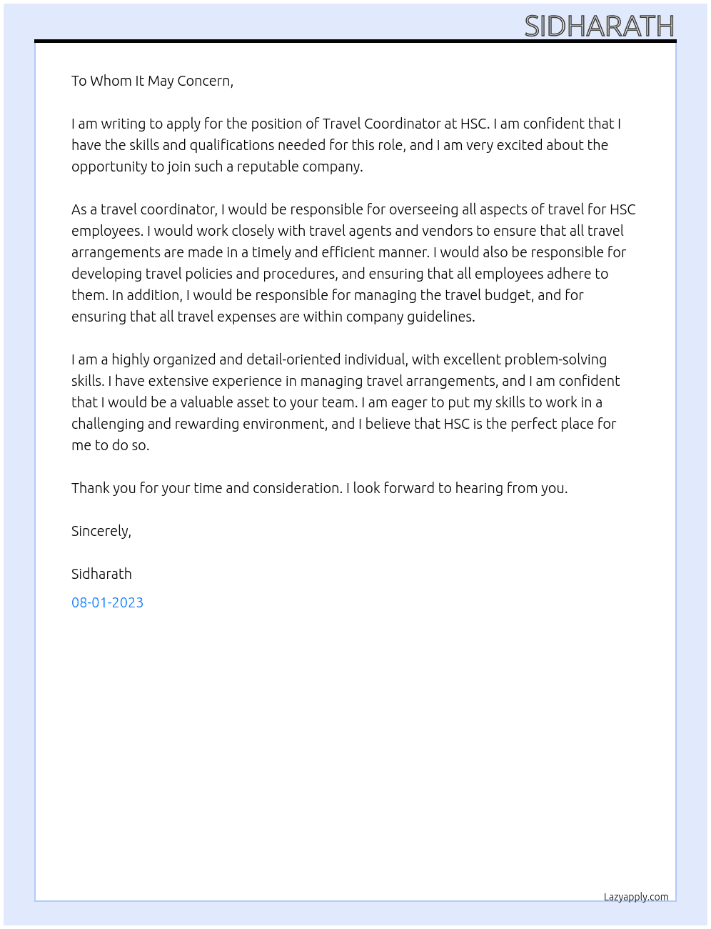 Travel Coordinator At HSC Cover Letter