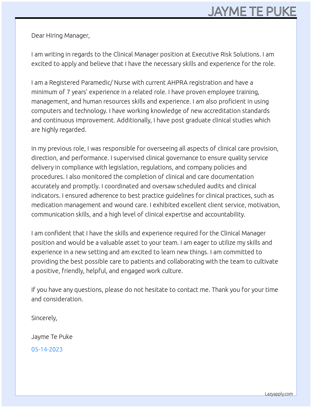 Clinical Manager At Executive Risk Solutions Cover Letter