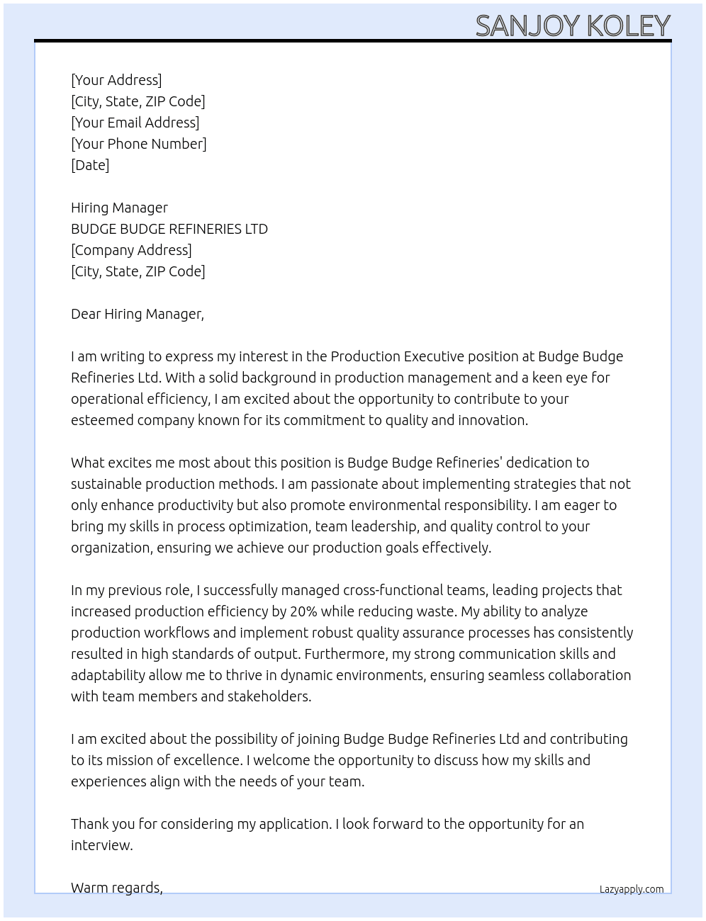 Production executive  At BUDGE BUDGE REFINERIES LTD  Cover Letter