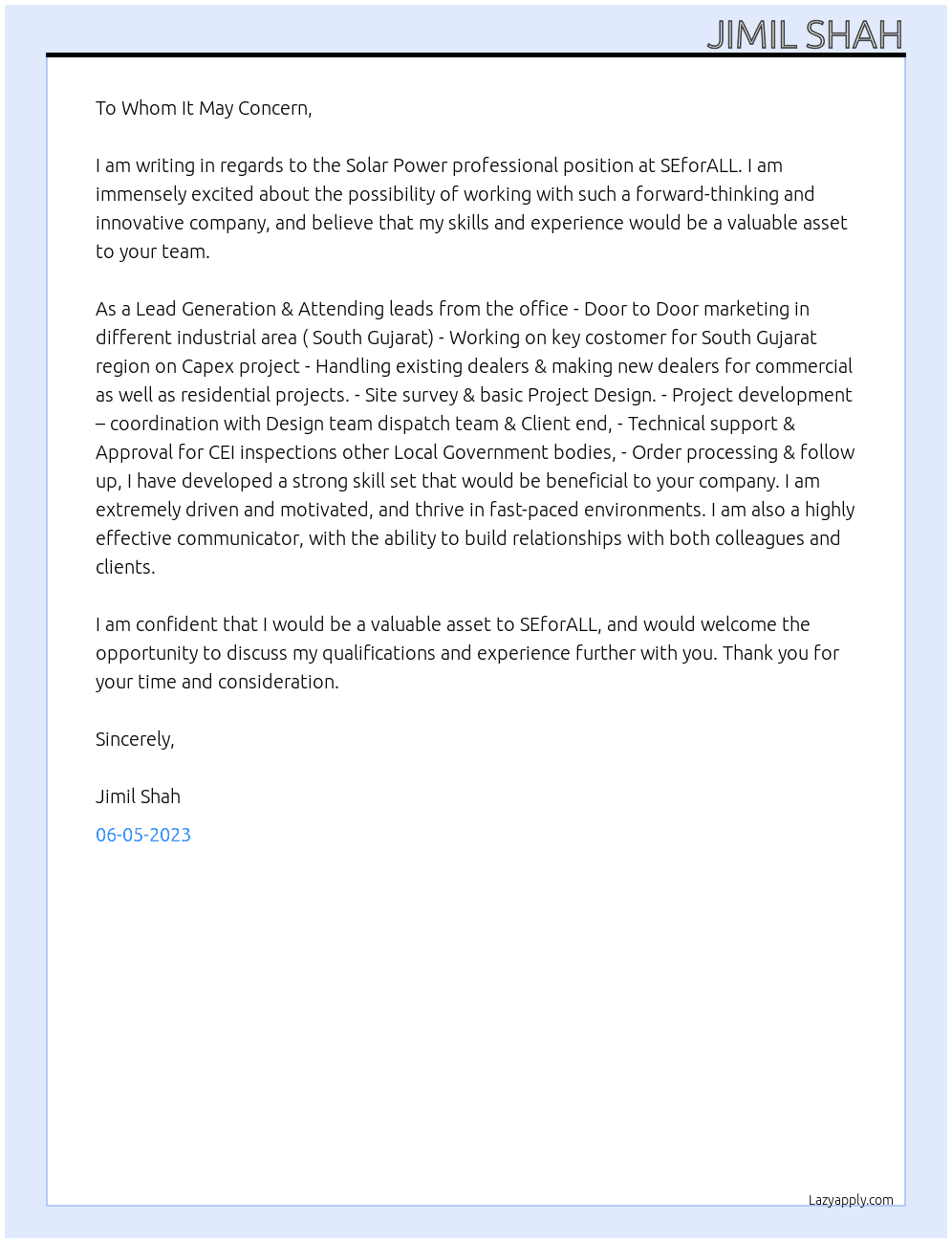 Solar Power professional  At  SEforALL Cover Letter