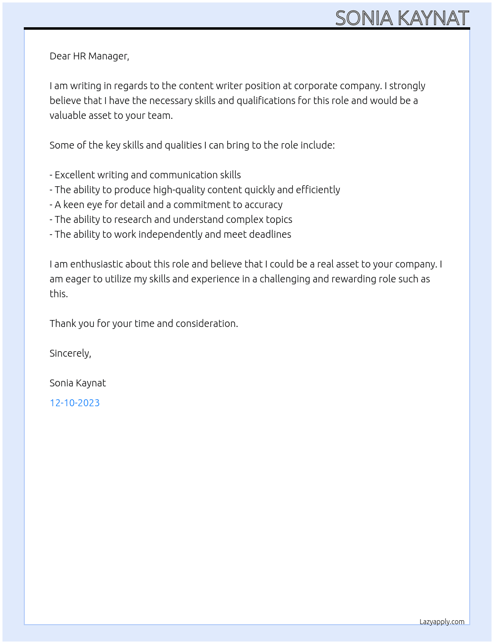content writer At corporate compny Cover Letter