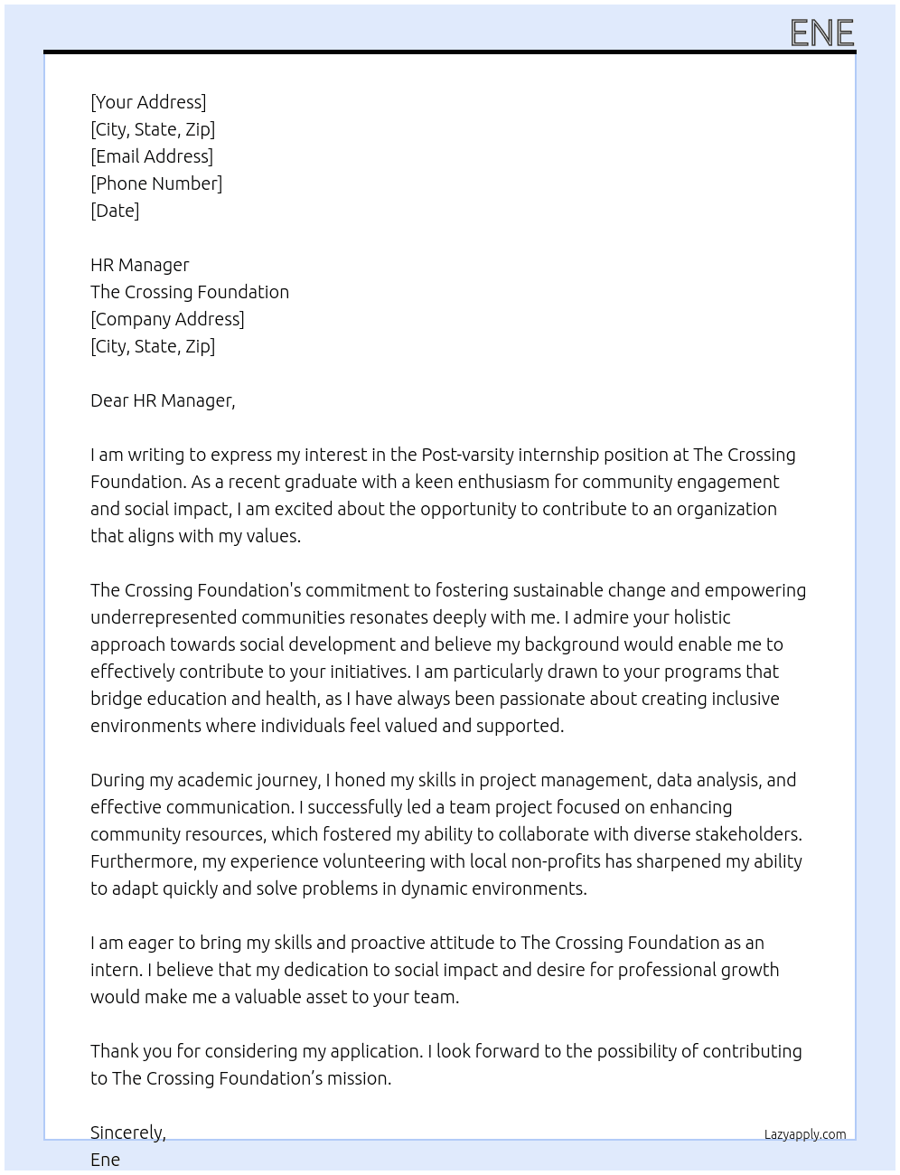 Cover letter for post-varsity internship - LazyApply