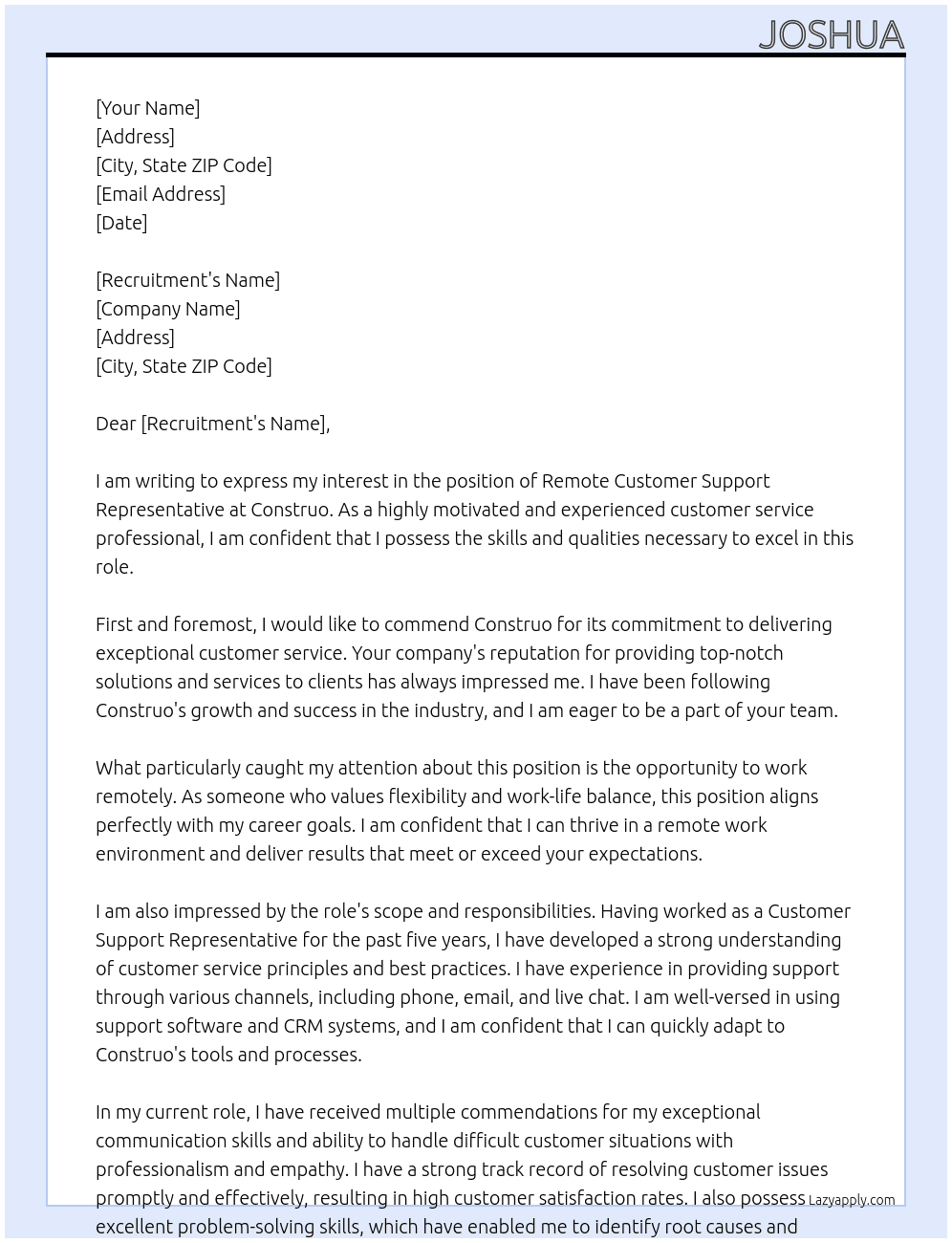 Remote Customer Support Representative At Construo Cover Letter