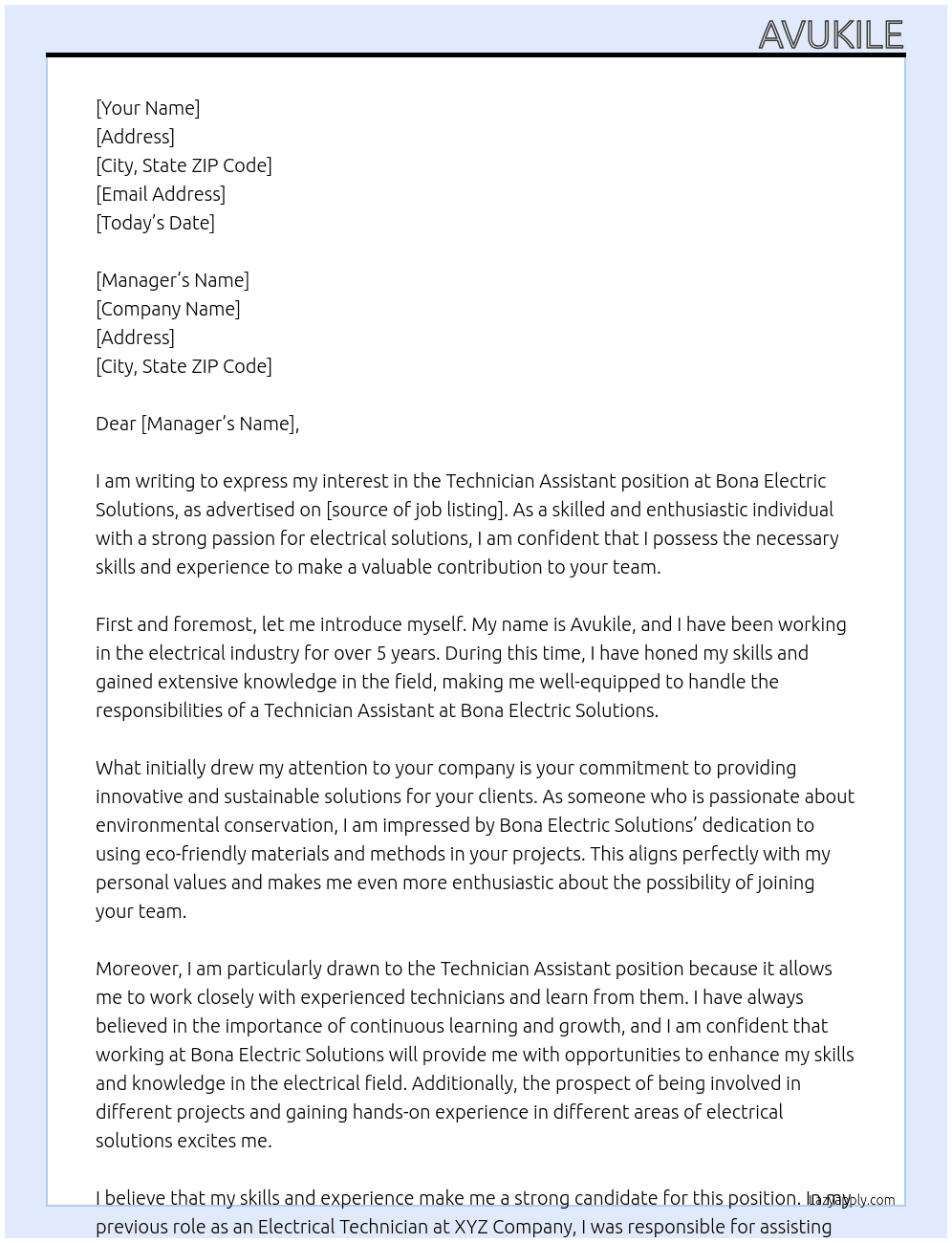 technician assitant At Bona electric solutions Cover Letter