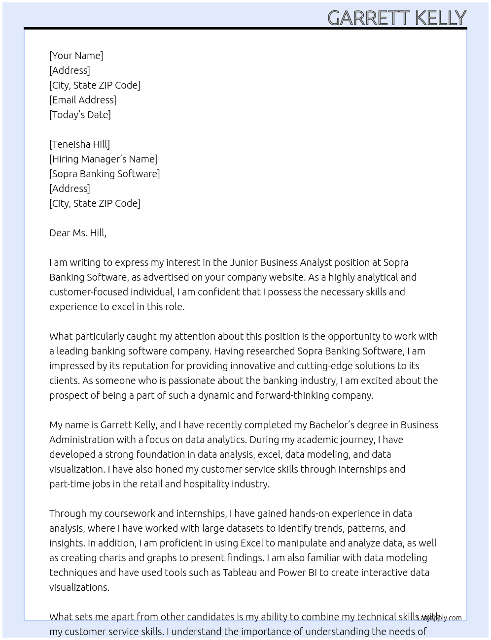 Junior Business Analyst At Sopra Banking Software Cover Letter