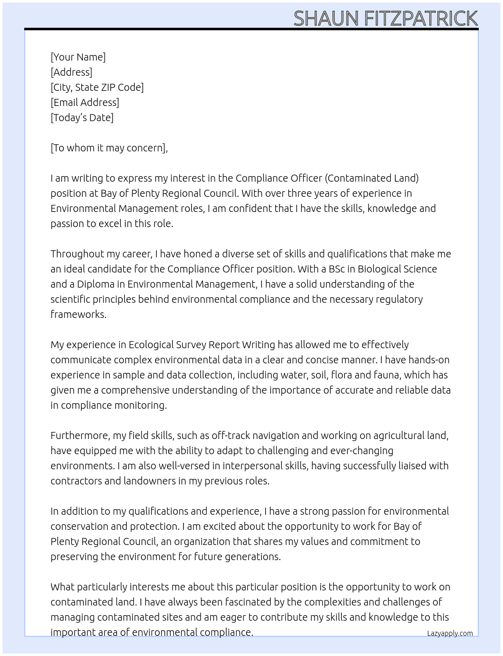 Compliance Officer (Contaminated Land) At Bay of Plenty Regional Council Cover Letter