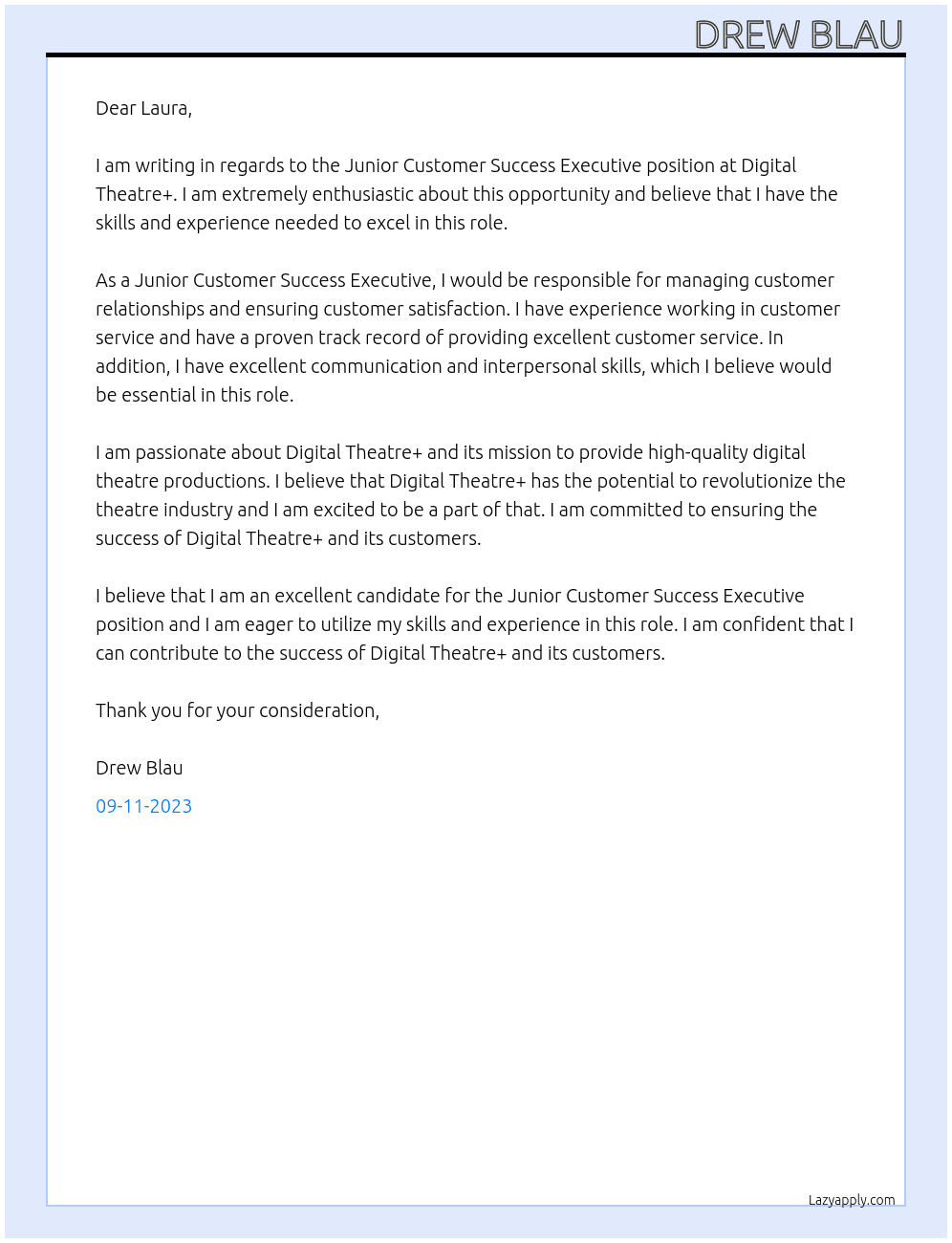 Junior Customer Success Executive At Digital Theatre+ Cover Letter