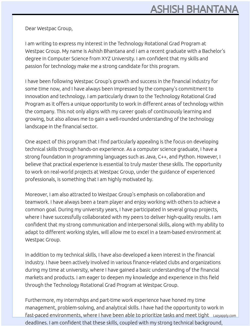 Technology Rotational Grad Program At Westpac Group Cover Letter