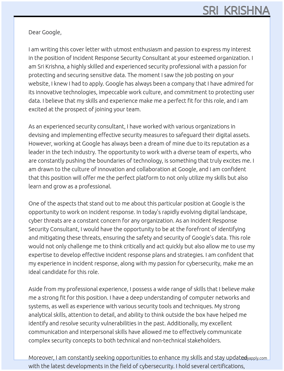 Cover letter for incident response security consultant - LazyApply