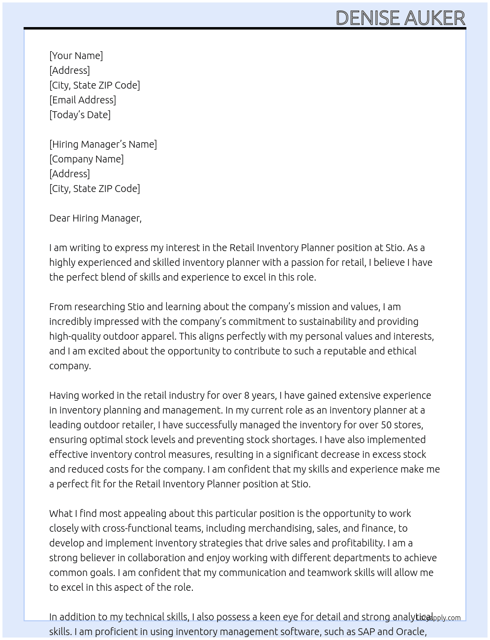 Retail Inventory Planner At Stio Cover Letter