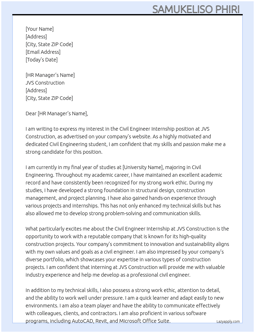 Civil engineer internships  At Jvs construction  Cover Letter