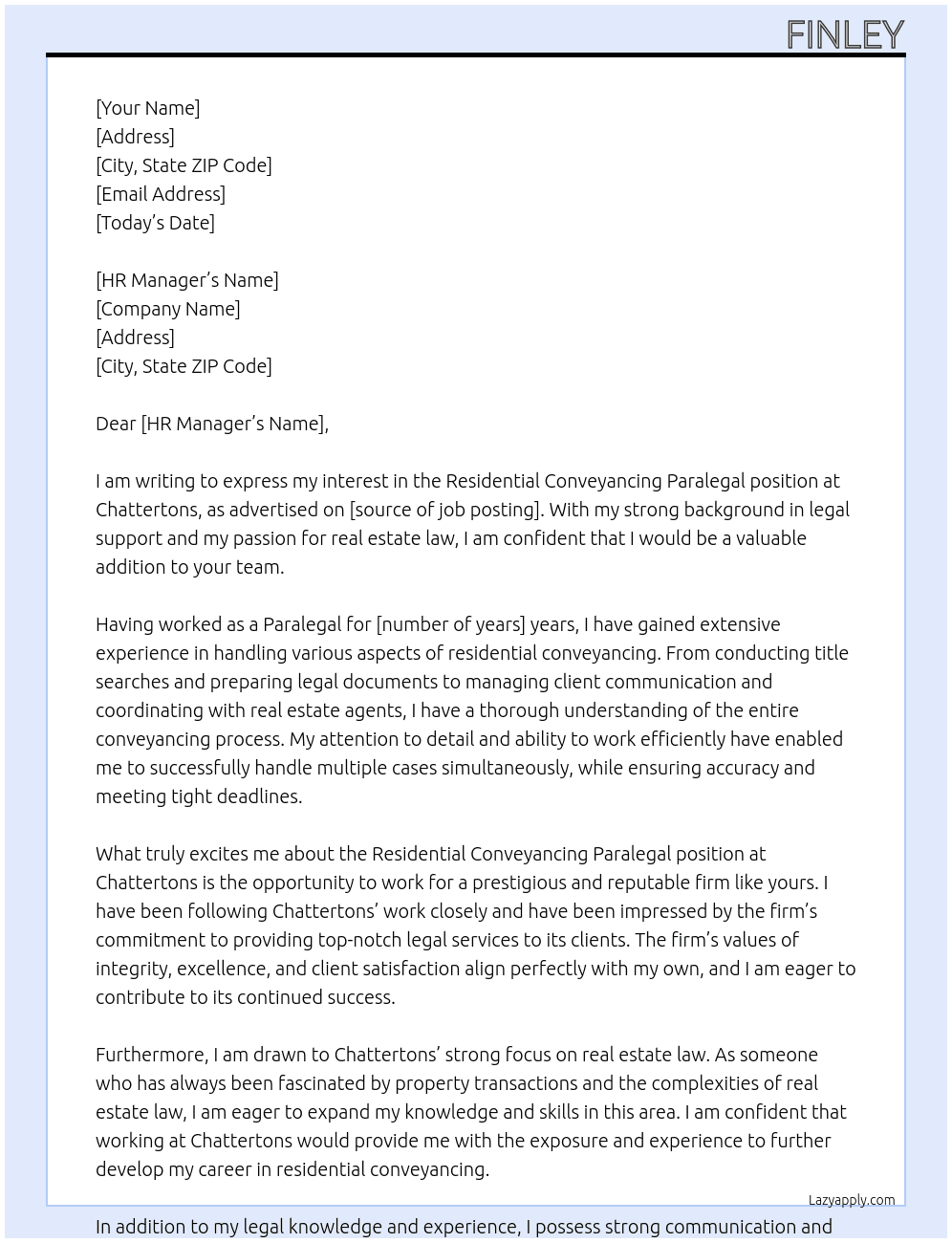 Residential Conveyancing Paralegal  At Chattertons Cover Letter